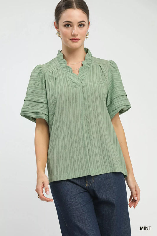 Umgee Seersucker Bubble Sleeve V-Neck Blouse - Sleekdenim.com