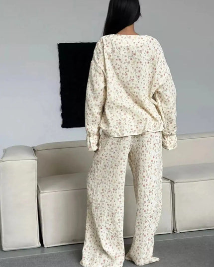 Floral Print Button-Down Top and Pants Lounge Set - Sleekdenim.com