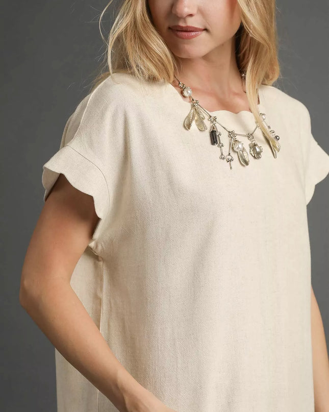 Umgee Linen Scalloped Round Neck Top - Sleekdenim.com
