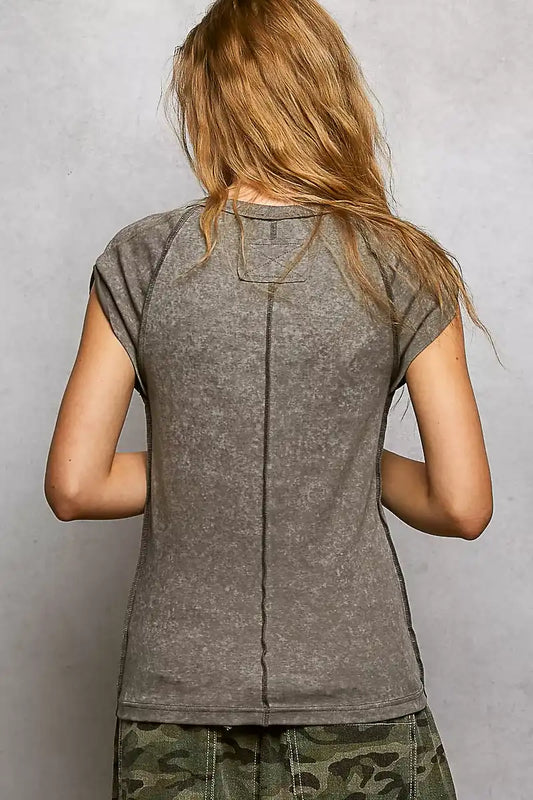 POL V-Neck Short Sleeve Washed T-Shirt with Outseam - Sleekdenim.com