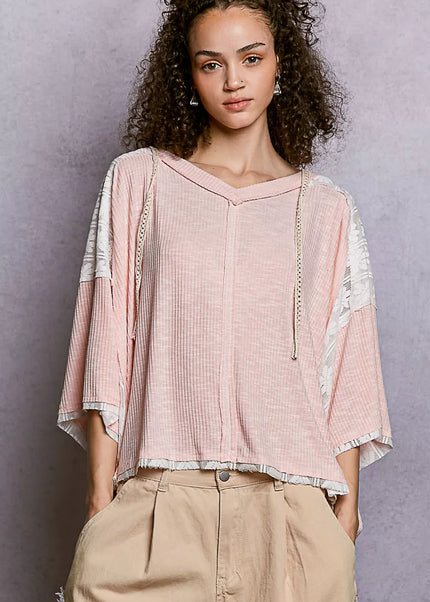 POL Short Sleeve Hoodie Top with Lace Detail - Sleekdenim.com