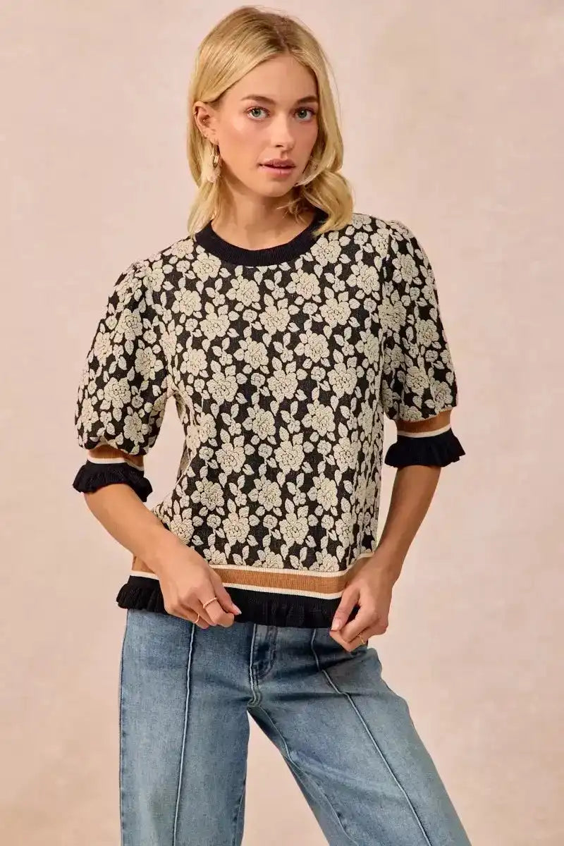 BiBi Textured Rose Knit Top Contrast Banded Puff Sleeve - Sleekdenim.com