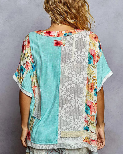 POL Lace Round Neck Short Sleeve Floral Pattern Top with Patch Detail - Sleekdenim.com