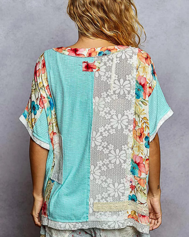 POL Lace Round Neck Short Sleeve Floral Pattern Top with Patch Detail - Sleekdenim.com