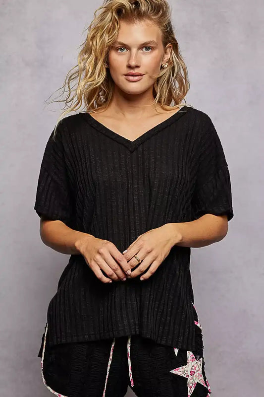 POL Ribbed Knit V-Neck Short Sleeve T-Shirt - Sleekdenim.com