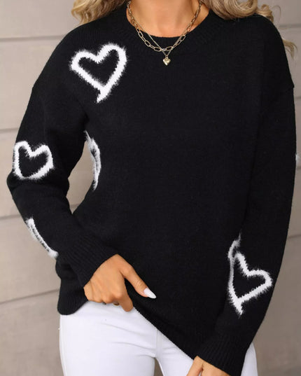Valentine's Day Heart Print Crew Neck Sweater - Sleekdenim.com