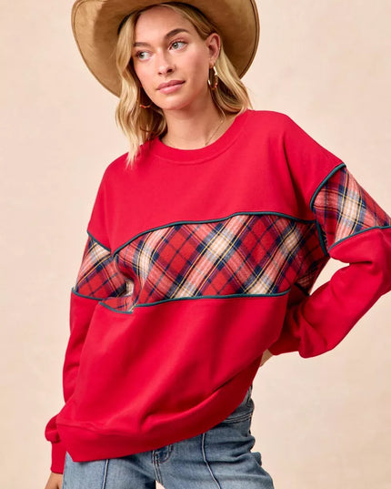 BiBi Christmas Theme Plaid Block Sweatshirt with Binding - Sleekdenim.com