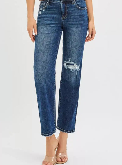 RISEN High Rise Crop Slim Straight Jenas with Hidden Knee Patch - Sleekdenim.com