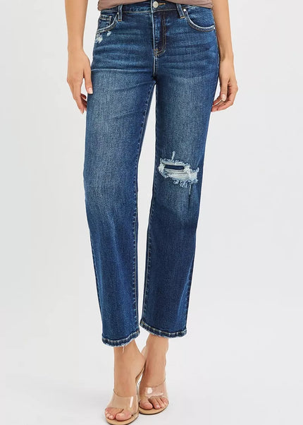 RISEN High Rise Crop Slim Straight Jenas with Hidden Knee Patch - Sleekdenim.com