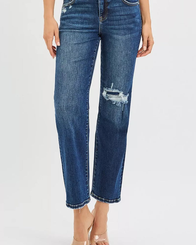 RISEN High Rise Crop Slim Straight Jenas with Hidden Knee Patch - Sleekdenim.com