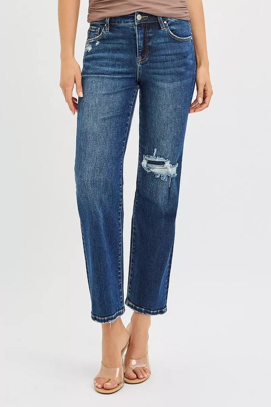 RISEN High Rise Crop Slim Straight Jenas with Hidden Knee Patch - Sleekdenim.com