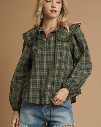 Umgee Full Size Plaid Ruffle Collar Blouse Plus Size - Sleekdenim.com