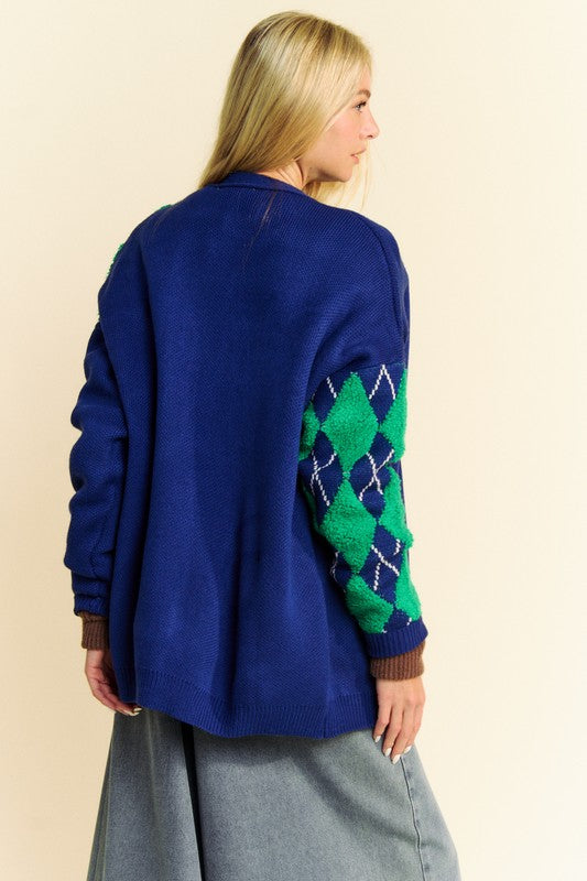 Davi & Dani Argyle V-Neck Dropped Shoulder Cardigan.