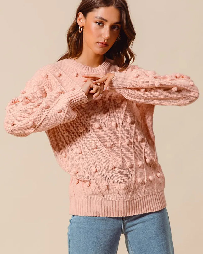 SO ME Pom Pom Textured Knit Sweater Top - Sleekdenim.com