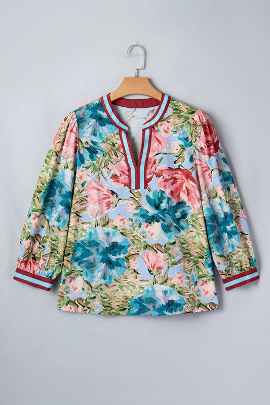 Sky Blue Contrast Trim V Neck Cuffed Bracelet Sleeve Floral Blouse - 5