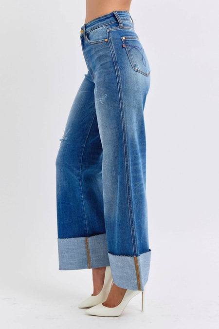 Judy Blue Full Size Distressed High Waist Wide Leg Jeans | Sleek Denim Boutique | Sleekdenim.com