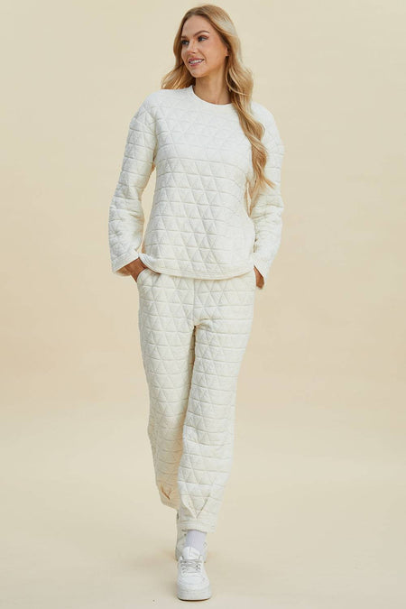 Double Take Full Size Texture Round Neck Long Sleeve Top and Pants Set - Sleekdenim.com