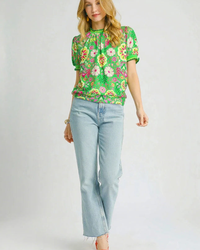 Umgee Retro Floral Puff Sleeve Top - Sleekdenim.com