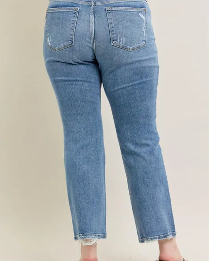 Judy Blue Full Size Mid Rise Wash Destroy Hem Bootcut Jeans Plus Size - Sleekdenim.com