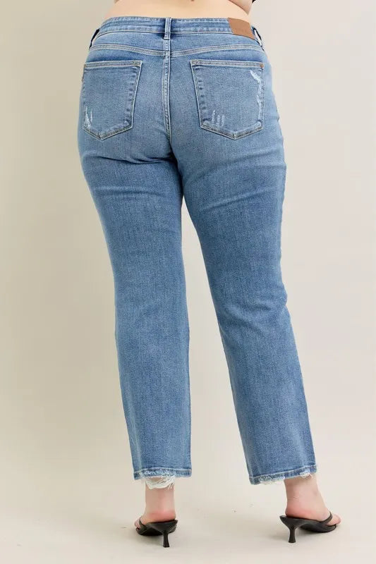 Judy Blue Full Size Mid Rise Wash Destroy Hem Bootcut Jeans Plus Size - Sleekdenim.com