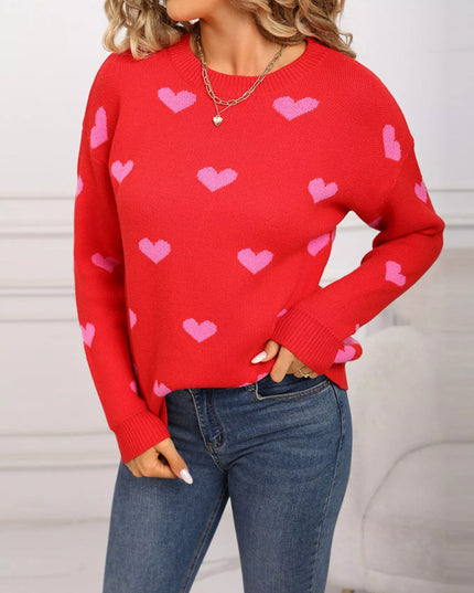 Valentine's Day Heart Pattern Dropped Shoulder Sweater - Sleekdenim.com