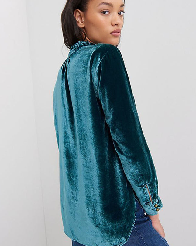 Red Frilled Buttoned V Neck Velvet Blouse