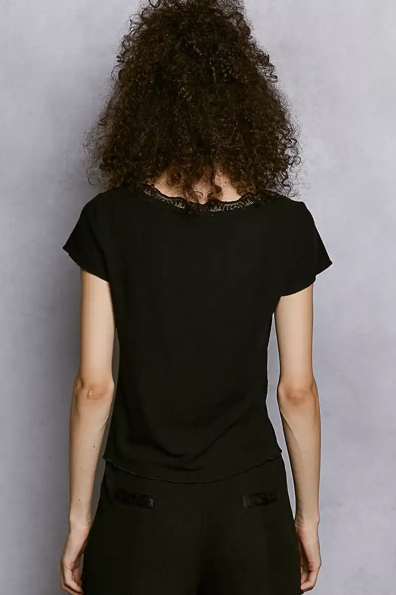 POL Round Neck Short Sleeve Crop T-Shirt with Lace Trim - Sleekdenim.com