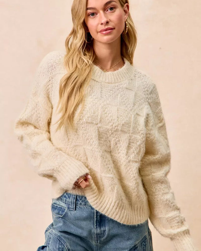 BiBi Checker Board Drop Shoulder Sweater - Sleekdenim.com