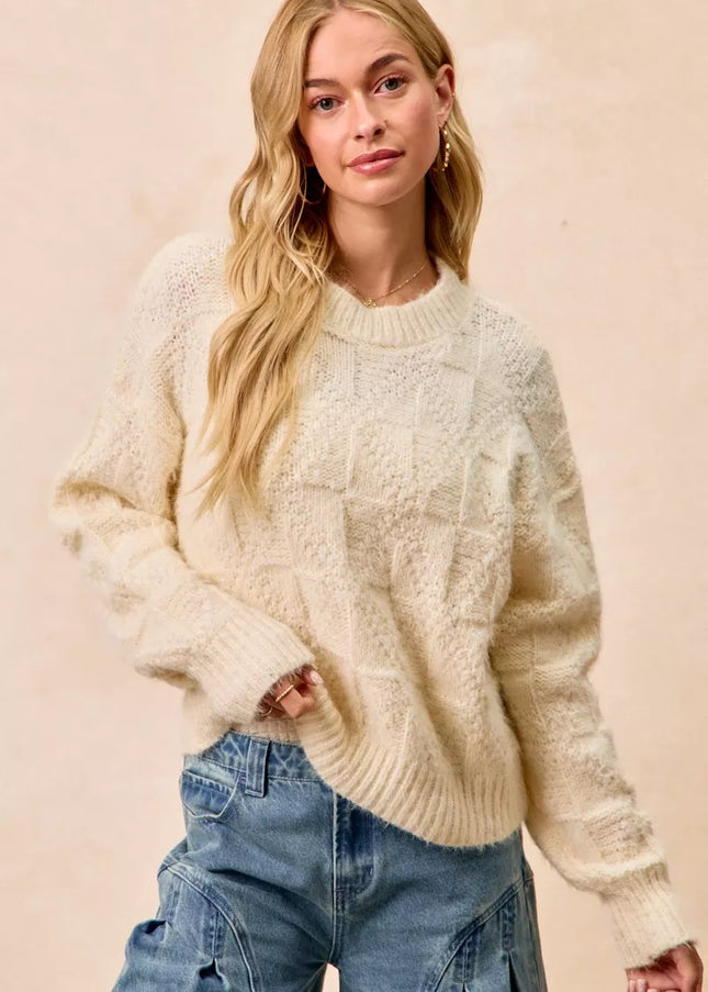 BiBi Checker Board Drop Shoulder Sweater - Sleekdenim.com