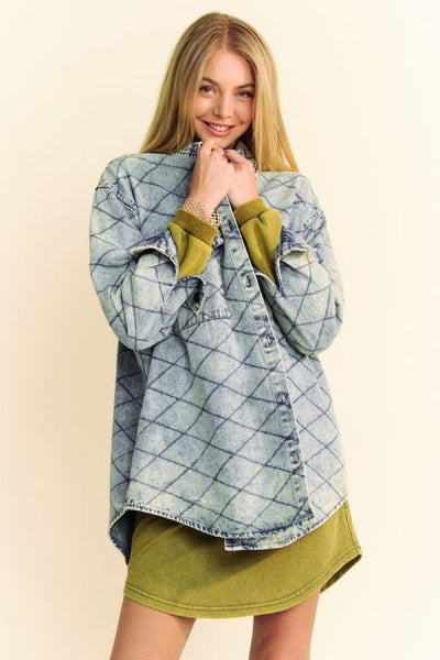 Davi & Dani Curved Hem Diamond Quilted Button Up Denim Shacket - Sleekdenim.com