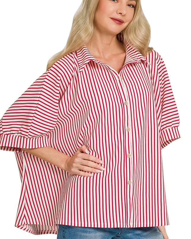 Zenana Oversized Stripe Button Down Shirt - Sleekdenim.com