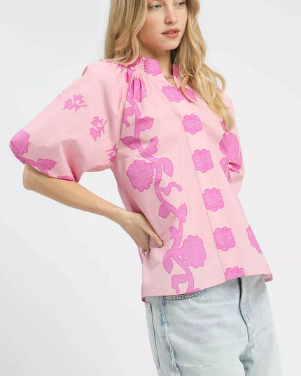 Umgee Floral Smocked Notched Puff Sleeve Blouse - Sleekdenim.com