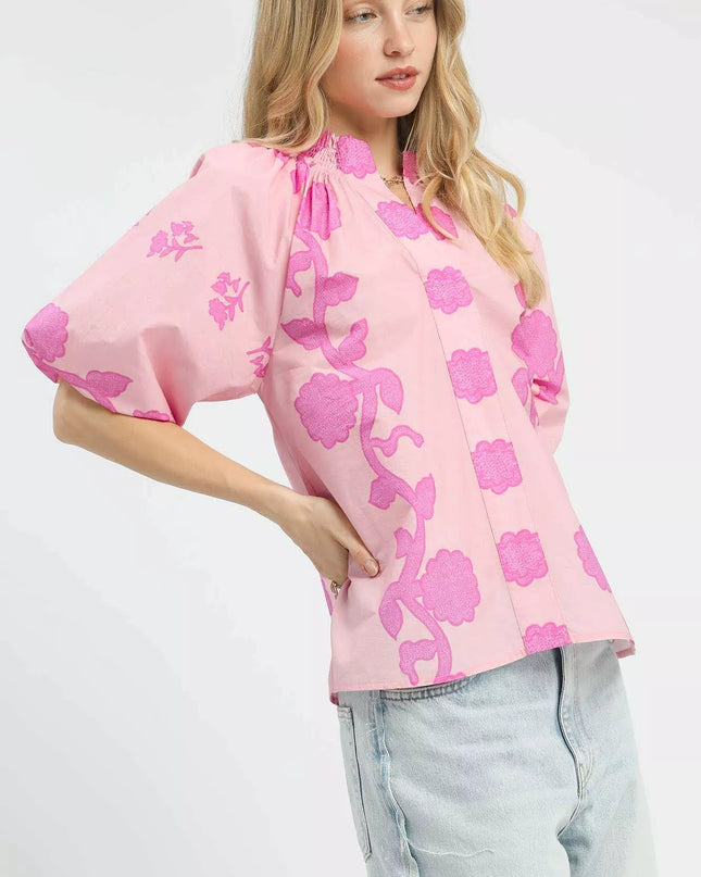 Umgee Floral Smocked Notched Puff Sleeve Blouse - Sleekdenim.com