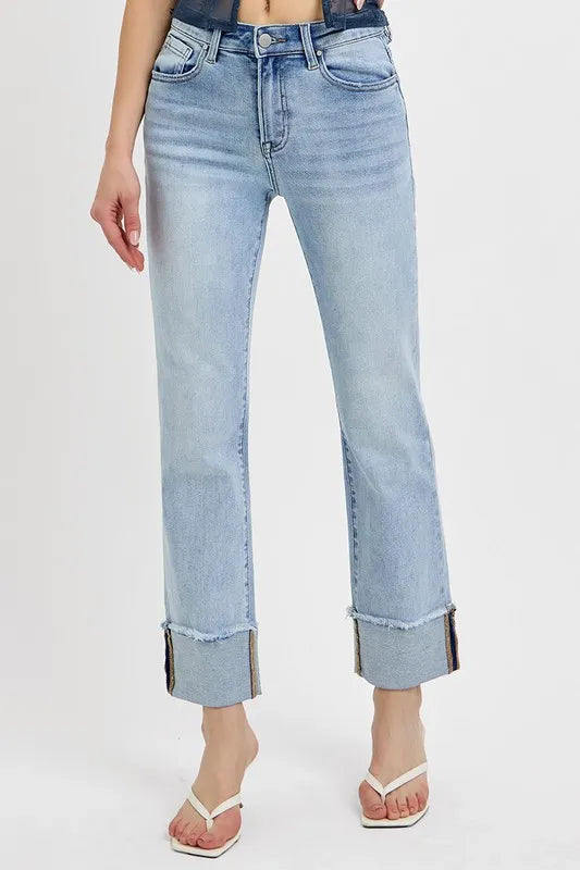 RISEN High Rise Straight Cuffed Relaxed Jeans - Sleekdenim.com