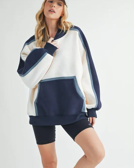 Aemi + Co Color Block Kangaroo Pocketed Hoodie - Sleekdenim.com