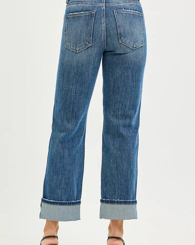 RISEN Full Size 4 Way Stretch Slouchy Straight Jeans with Cuffed Hem Plus Size - Sleekdenim.com