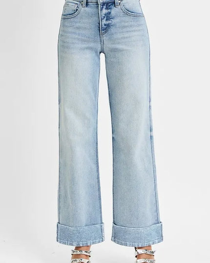 RISEN Full Size Tummy Control High Rise Ankle Wide Cuffed Jeans Plus Size - Sleekdenim.com