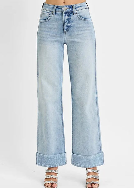 RISEN Full Size Tummy Control High Rise Ankle Wide Cuffed Jeans Plus Size - Sleekdenim.com