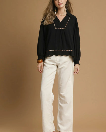 Umgee Full Size Linen Scallop Hem Blouse with Contrast Trim Plus Size - Sleekdenim.com