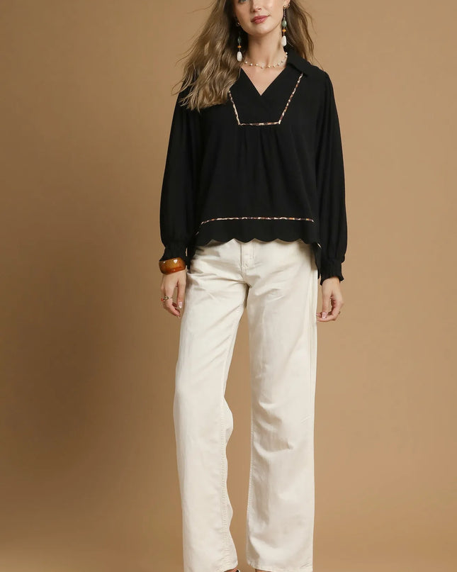 Umgee Full Size Linen Scallop Hem Blouse with Contrast Trim Plus Size - Sleekdenim.com