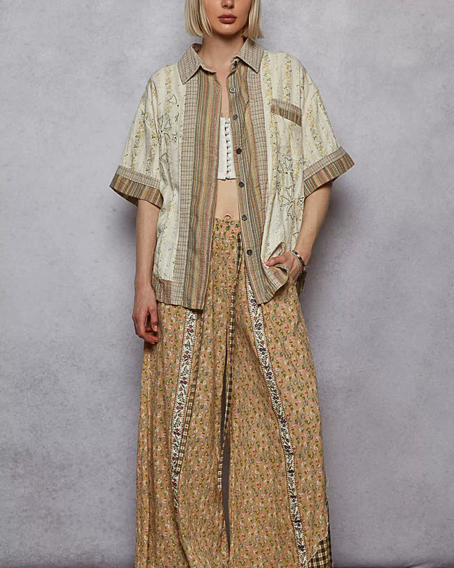 POL Printed Button Down Patchwork Short Sleeve Shirt - Sleekdenim.com