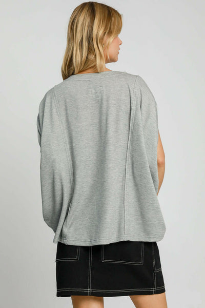 Umgee Exposed Seam Round Neck Batwing Sleeve Knit Top Gray