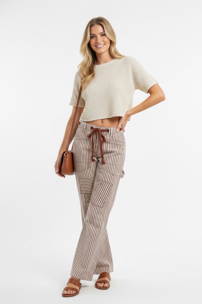 BiBi Drawstring Striped Twill Barrel Pants - Image 3