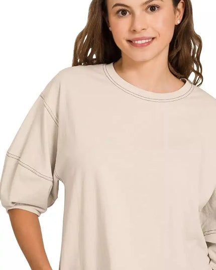 Zenana Balloon Sleeve Top with Contrast Stitching - Sleekdenim.com