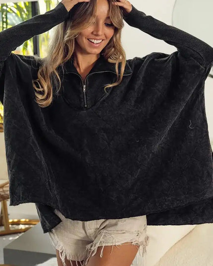 BiBi Vintage Washed Quilted Half Zip Top - Sleekdenim.com