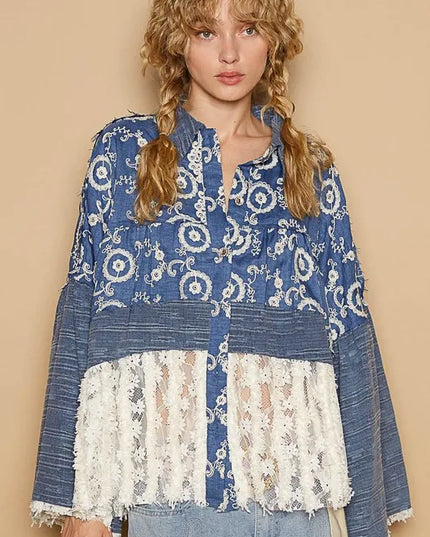 POL Lace Hem Embroidered Long Sleeve Shirt - Sleekdenim.com