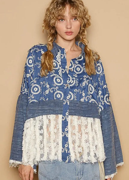 POL Lace Hem Embroidered Long Sleeve Shirt - Sleekdenim.com
