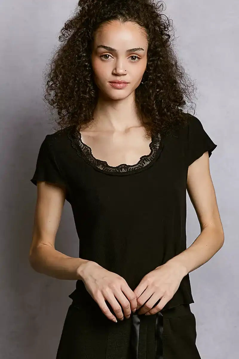POL Round Neck Short Sleeve Crop T-Shirt with Lace Trim - Sleekdenim.com