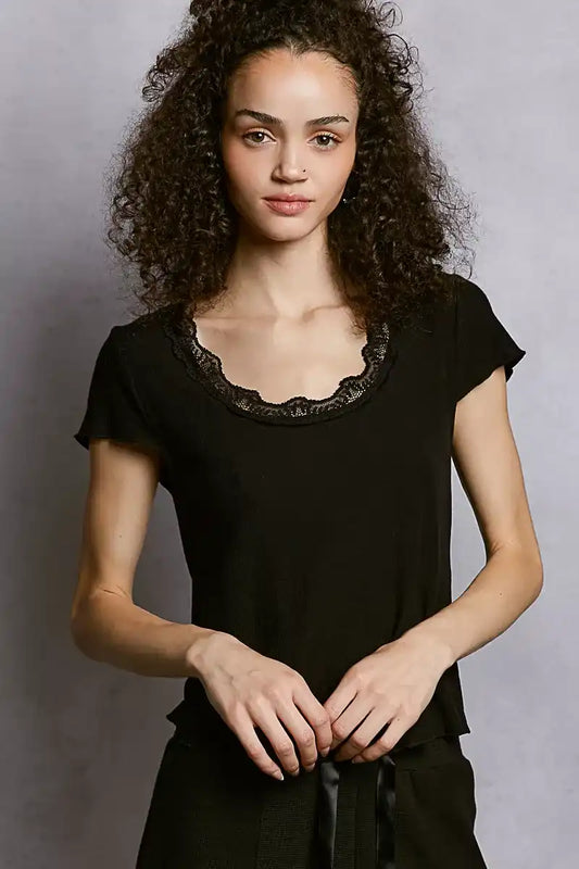 POL Round Neck Short Sleeve Crop T-Shirt with Lace Trim - Sleekdenim.com