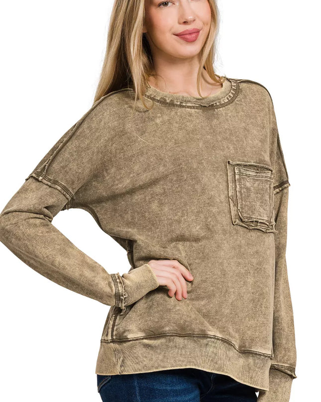 Zenana French Terry Washed Raw Edge Front Pocket Pullover - Sleekdenim.com